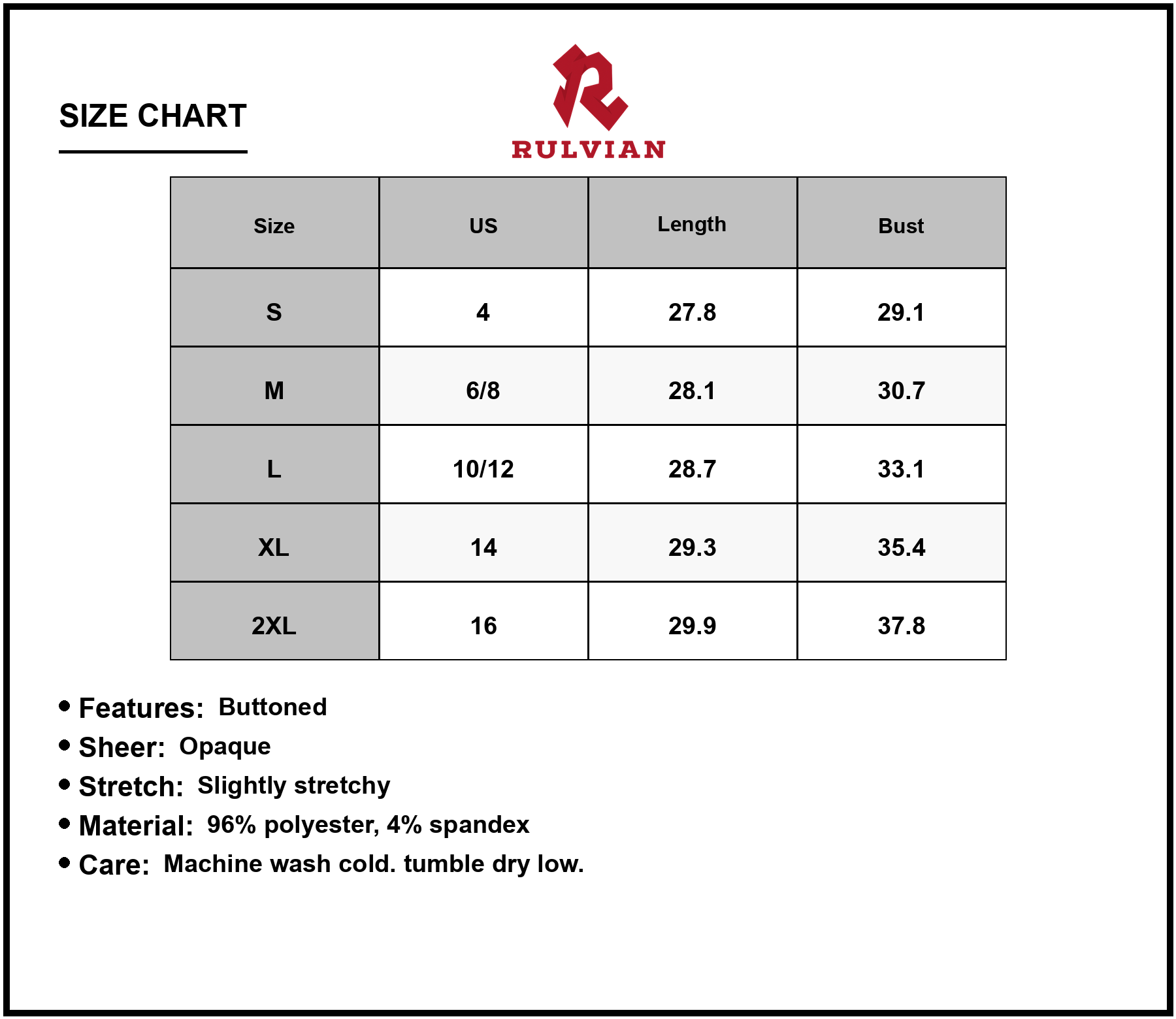 Size Chart - Women's Textured V Neck Sleeveless Mini Cami Dress with Sheer Buttoned Details Opaque Stretch 96% polyester 4% spandex