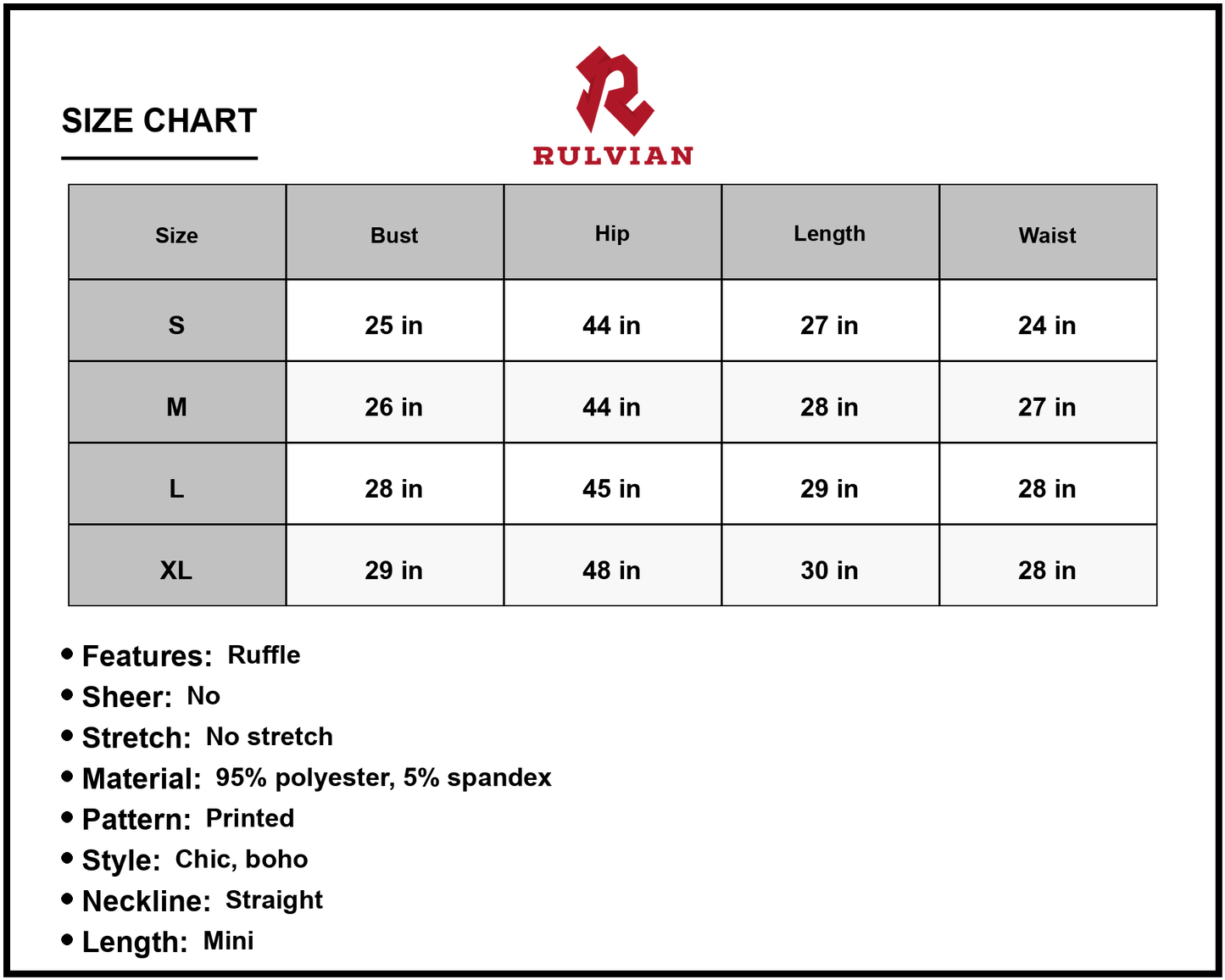 Size Chart - Women's Bohemian Frill Trim Strapless Mini Dress with Ruffle Neckline Printed Chic Casual 95% polyester 5% spandex