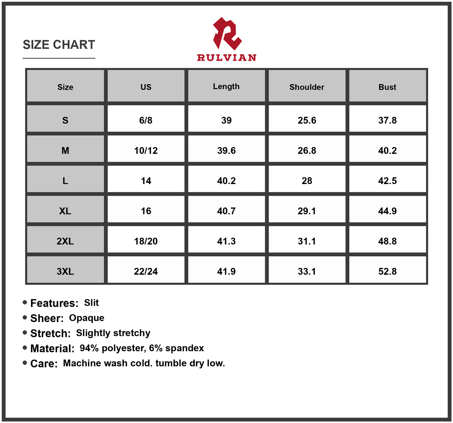 Size Chart - Women's Double Take Full Size Round Neck Short Sleeve Slit Dress Sheer Detail Opaque Stretch 94% Polyester 6% Spandex