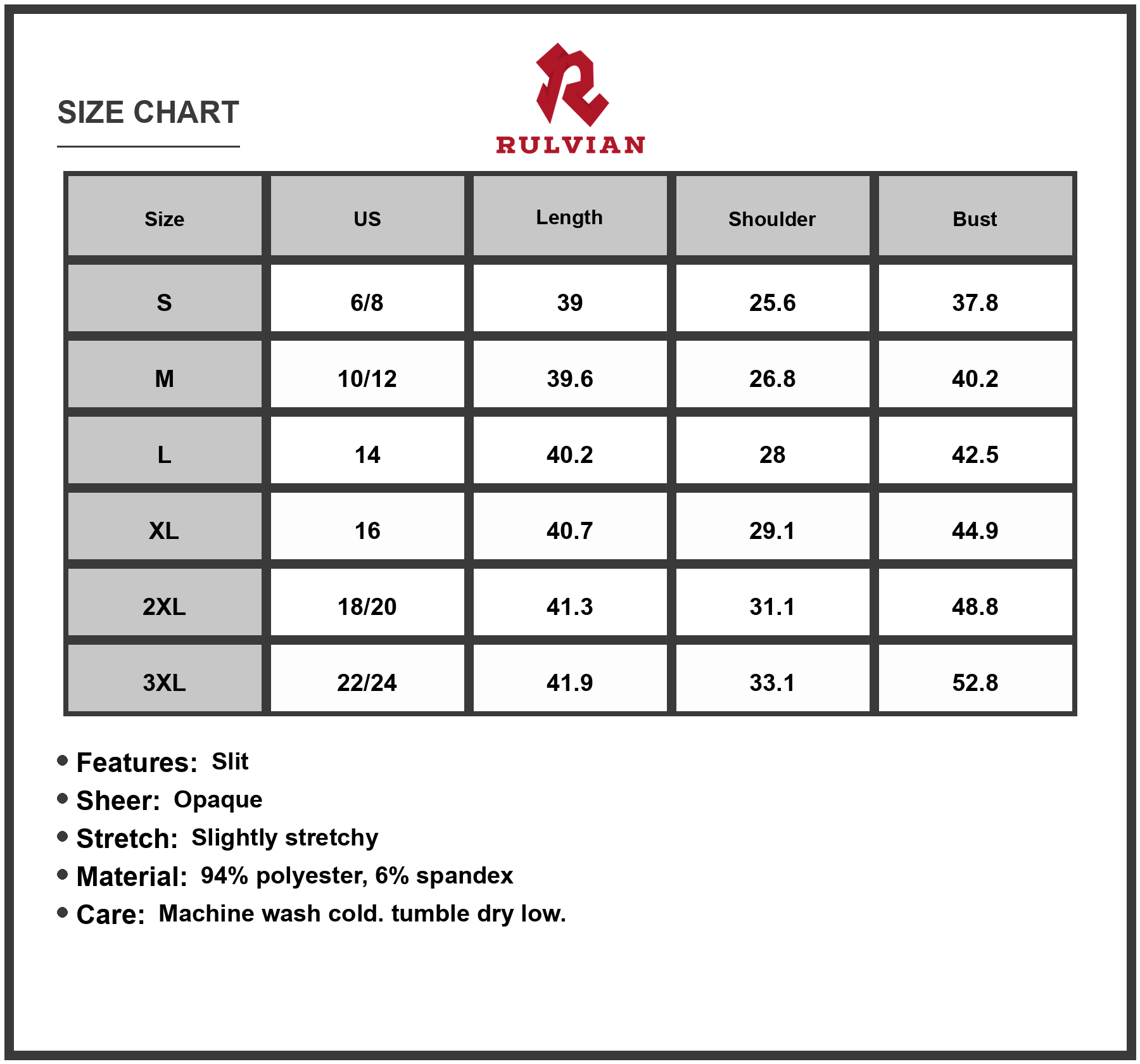 Size Chart - Women's Double Take Full Size Round Neck Short Sleeve Slit Dress Sheer Detail Opaque Stretch 94% Polyester 6% Spandex