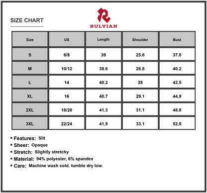 Size Chart - Women's Double Take Full Size Round Neck Short Sleeve Slit Dress Sheer Detail Opaque Stretch 94% Polyester 6% Spandex