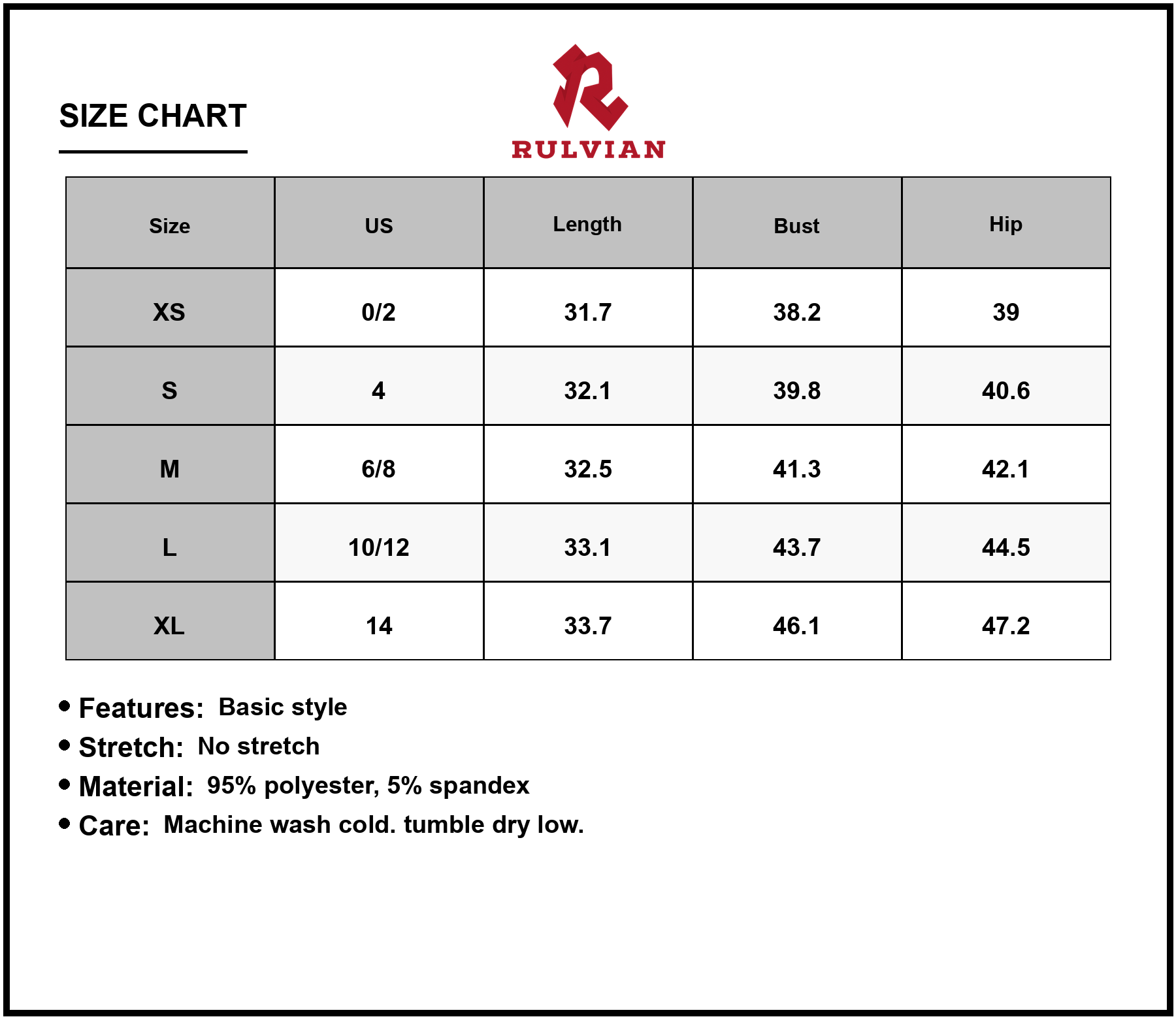 Size Chart - Men's Round Neck Short Sleeve Tee Dress with ninety five percent polyester and five percent spandex fabric for daily use