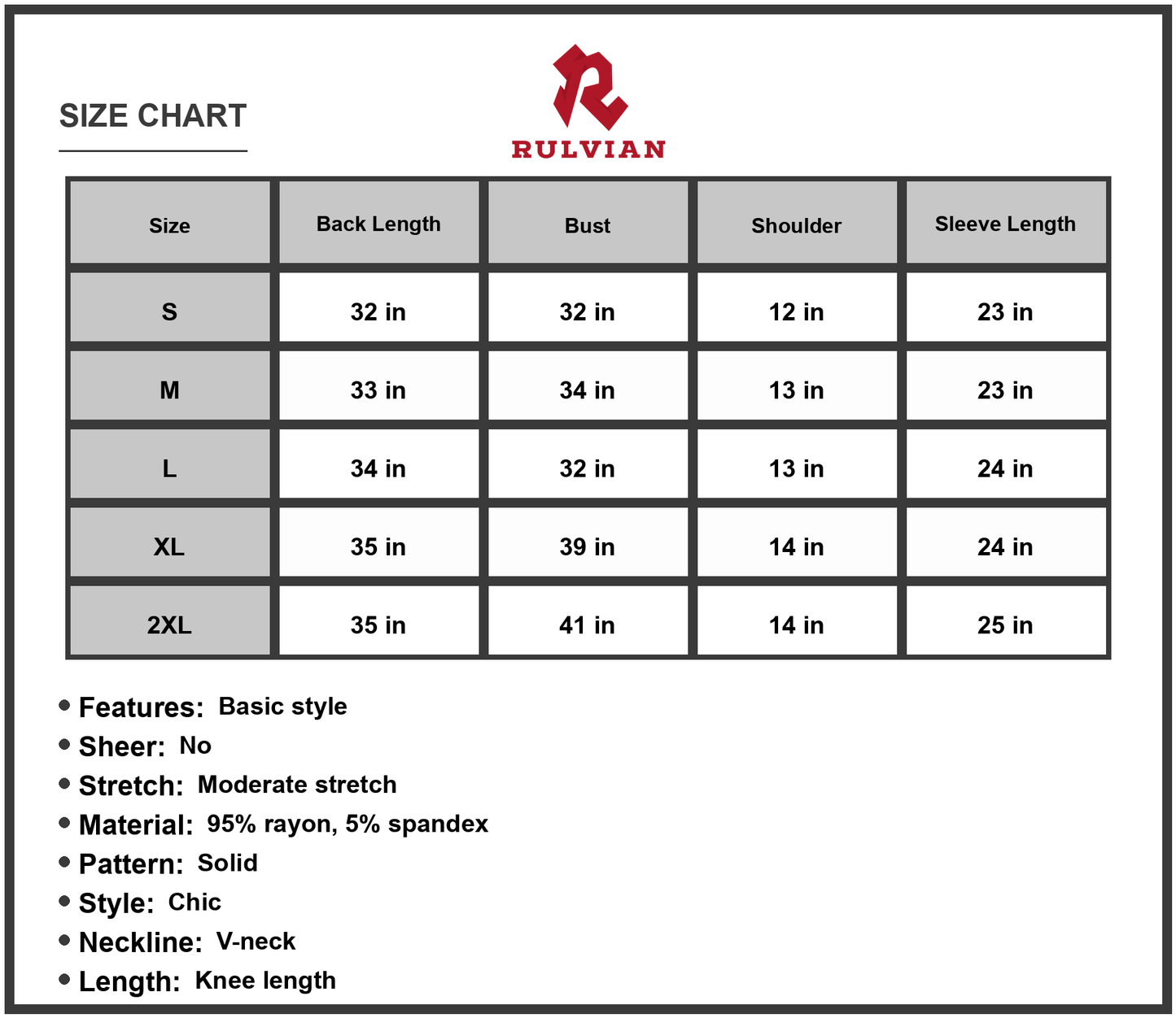 Size Chart - Women's Short Sleeve V-Neck Knee Length Dress 95% Rayon 5% Spandex Fabric Soft Stretchy Comfortable Easy Care Everyday