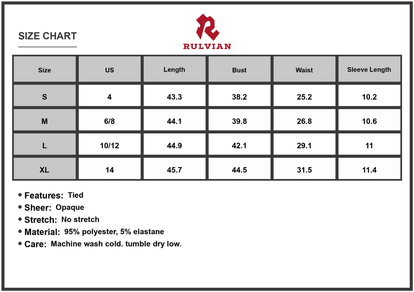 Size Chart - Women's Tied Notched Short Sleeve Dress with Tie Detail and Opaque Body for Everyday Wear 95% polyester 5% elastane