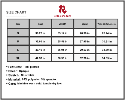 Size Chart - Women's tied surplice cap sleeve pleated dress 95% polyester 5% spandex fabric machine wash cold tumble dry low