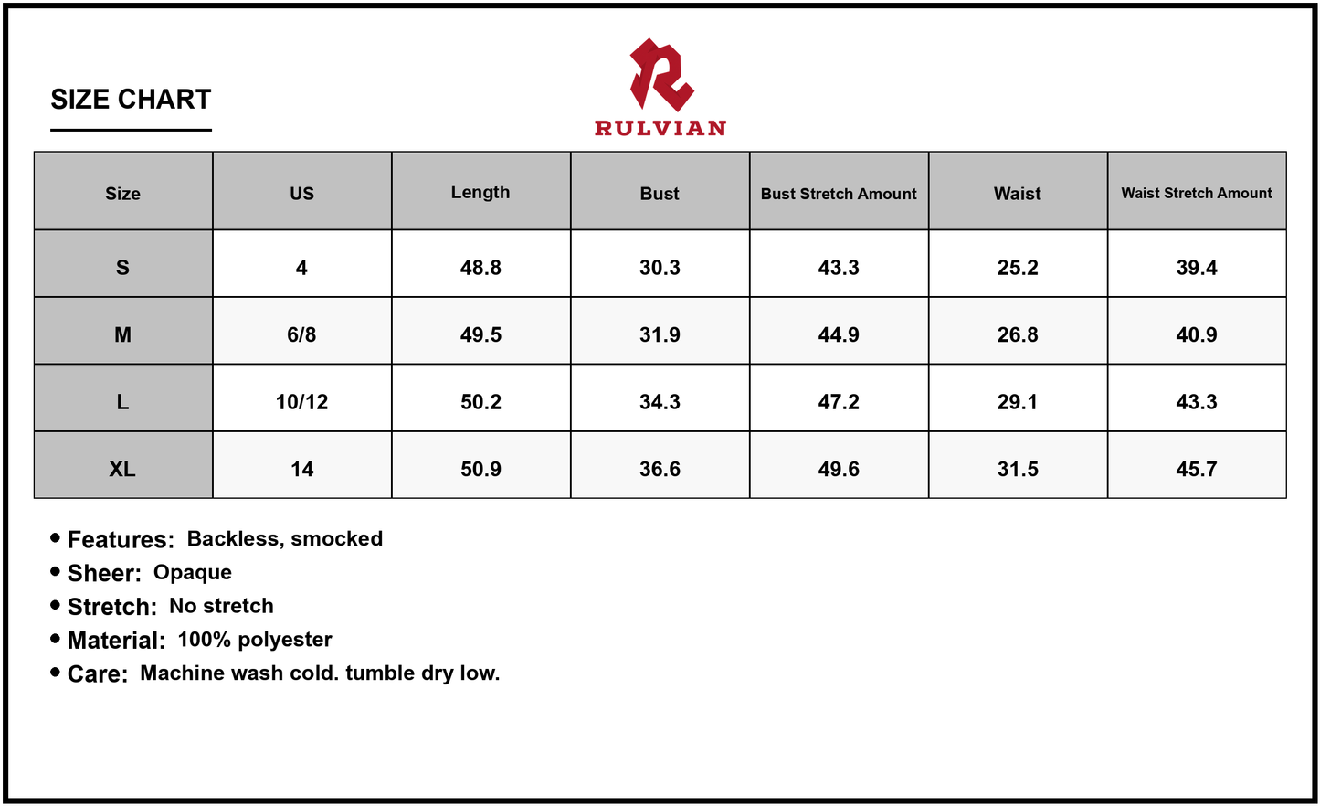 Size Chart - Women's Backless Smocked Printed Sleeveless Midi Dress 100% Polyester Lightweight Flowy Design for Events and Everyday