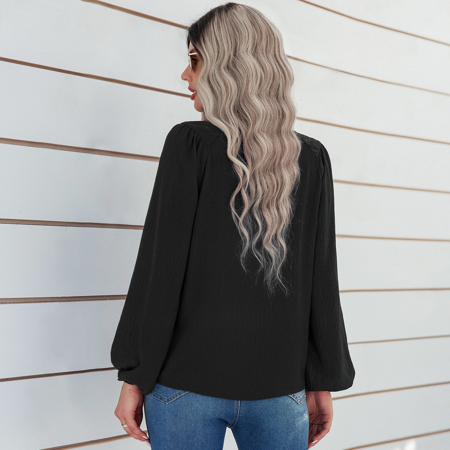 Womens Solid Color Round Neck Pullover Shirt Loose Fit Long Sleeve 100% Polyester Casual Everyday Wear