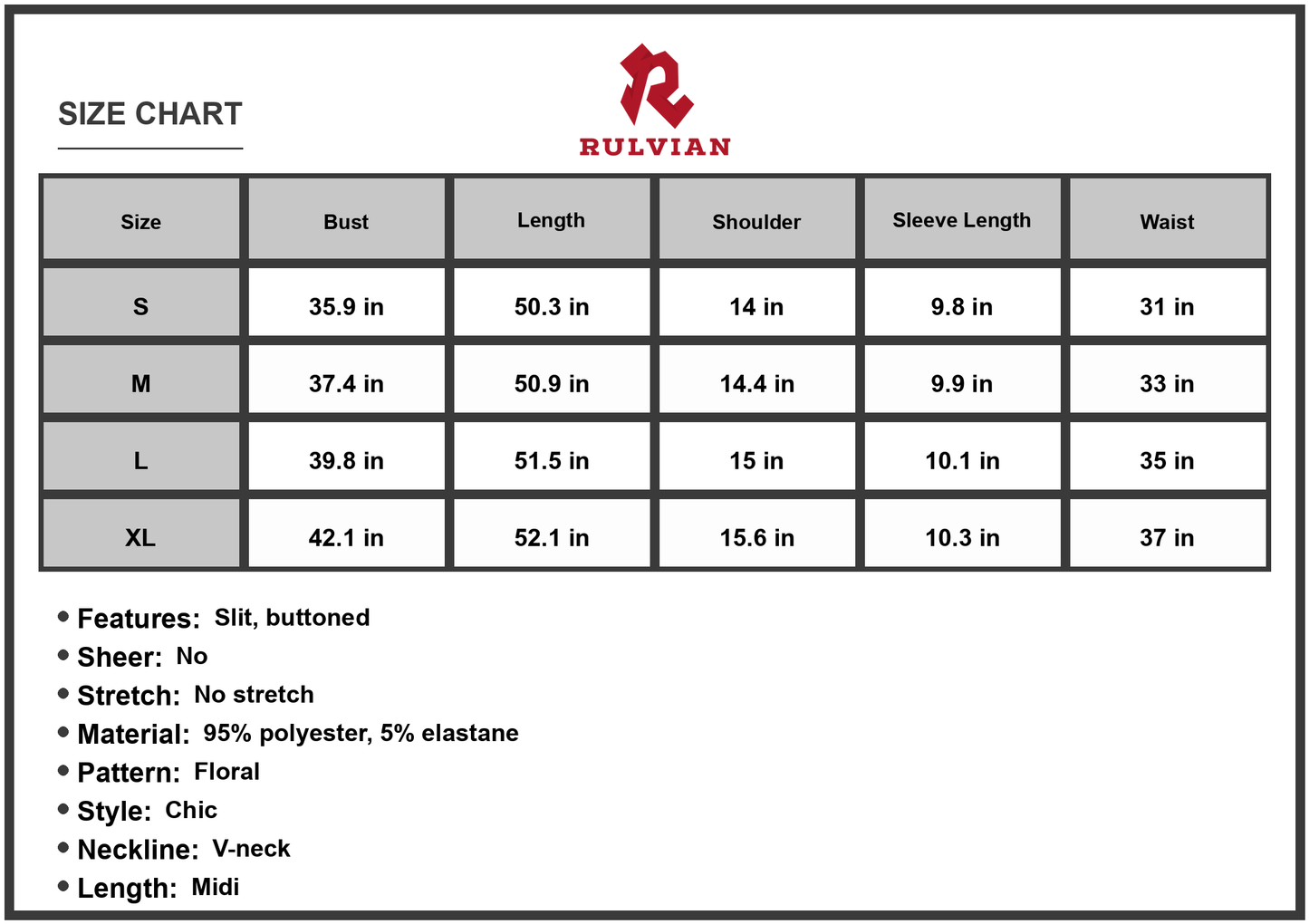 Size Chart - Women's V neck Short Sleeve Midi Dress with High Slit Floral Pattern 95% polyester 5% elastane Lightweight Chic