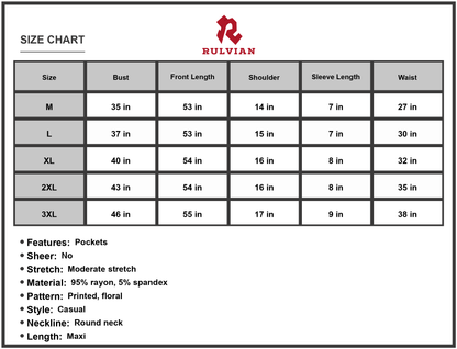 Size Chart - Women's Floral Printed Round Neck Short Sleeve Dress with Pockets For Everyday Wear Comfortable Fit 95% rayon 5% spandex