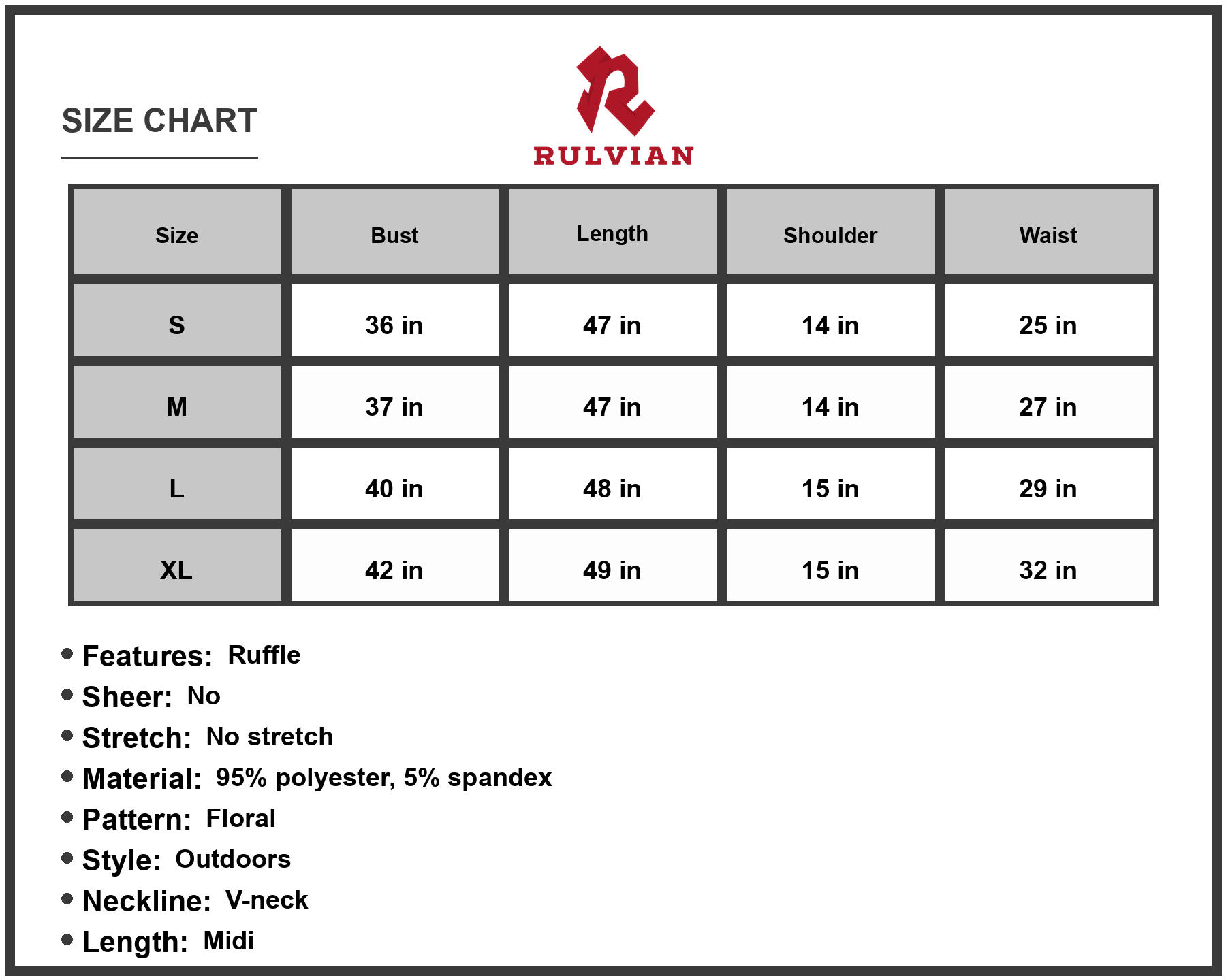 Size Chart - Women's Floral Frill V neck Tiered Midi Dress Chic Outdoors Ninety Five Percent Polyester And Five Percent Spandex