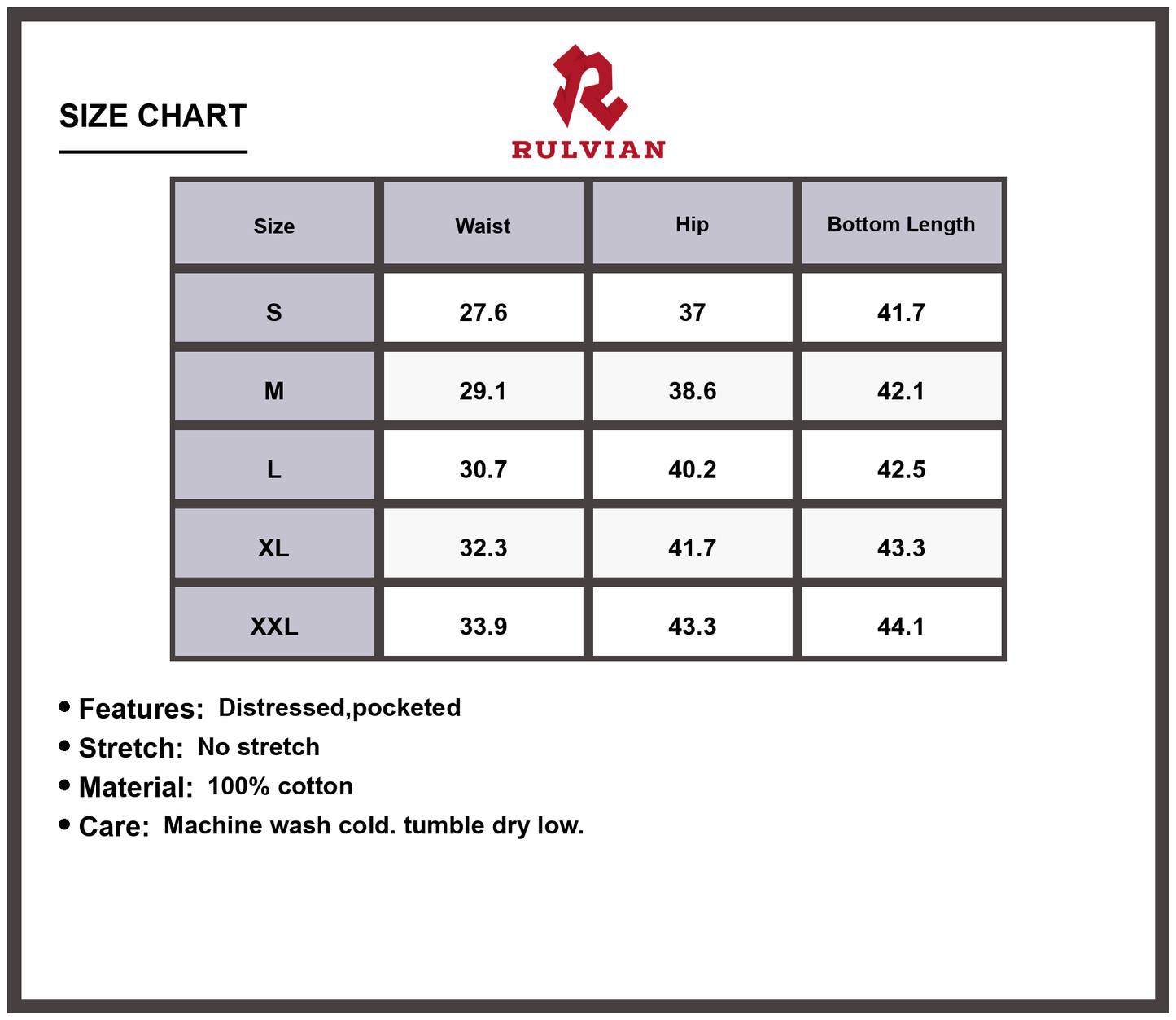 Size Chart - Men's Distressed Loose Fit Vintage Jeans Pocketed Premium Durable Versatile Casual Everyday Rugged Denim Pants for Daily Wear