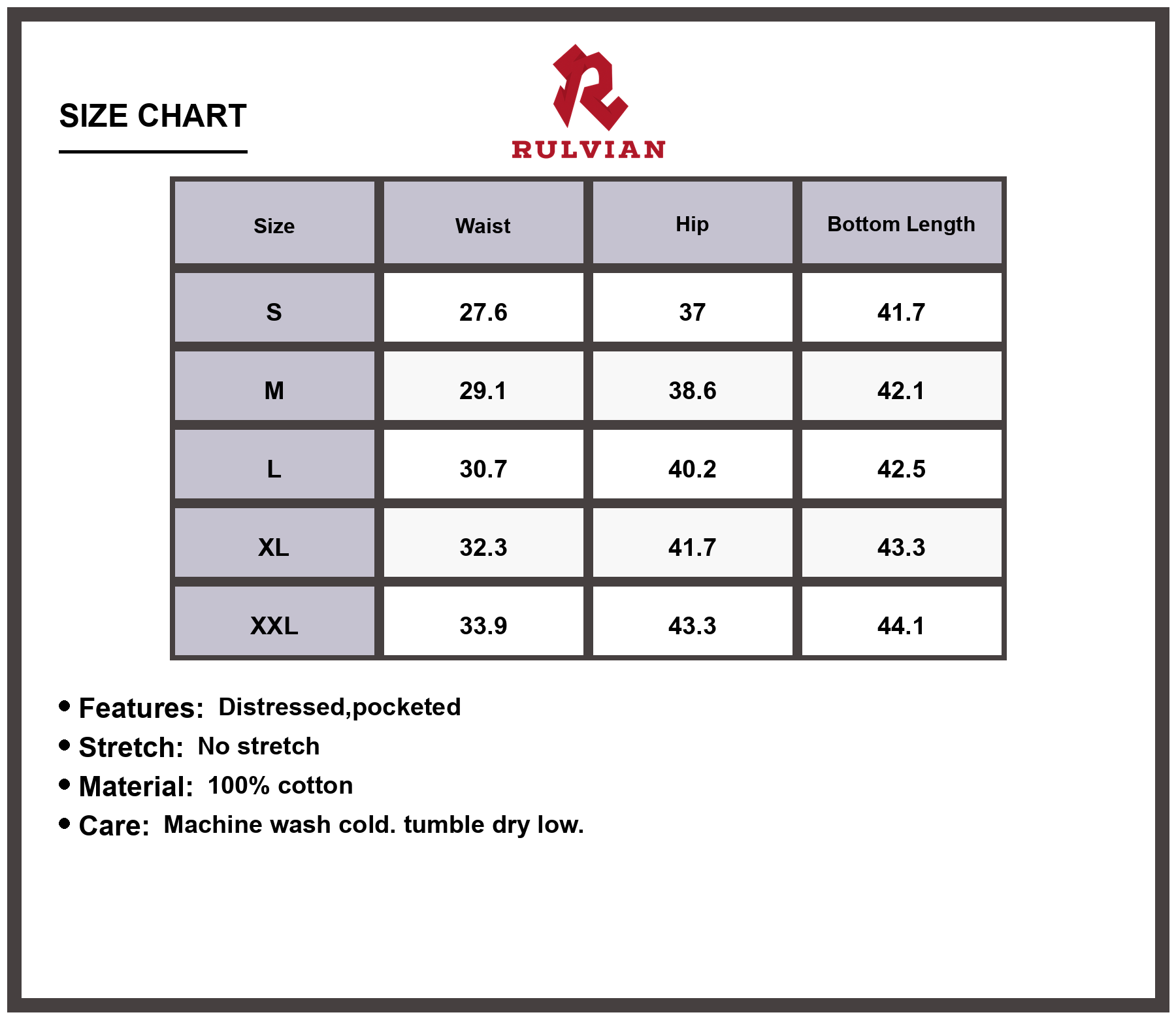 Size Chart - Men's Distressed Loose Fit Vintage Jeans Pocketed Premium Durable Versatile Casual Everyday Rugged Denim Pants for Daily Wear