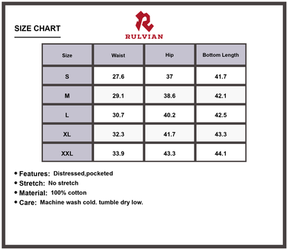 Size Chart - Men's Distressed Loose Fit Vintage Jeans Pocketed Premium Durable Versatile Casual Everyday Rugged Denim Pants for Daily Wear
