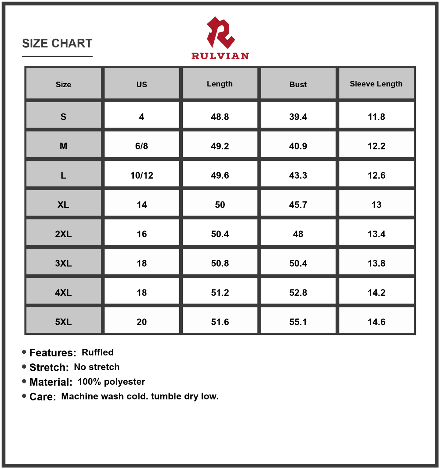 Size Chart - Women's Bohemian Paisley Print Midi Dress with Ruffle Hem Plus Size Full Length 100% Polyester Fabric for Everyday Wear