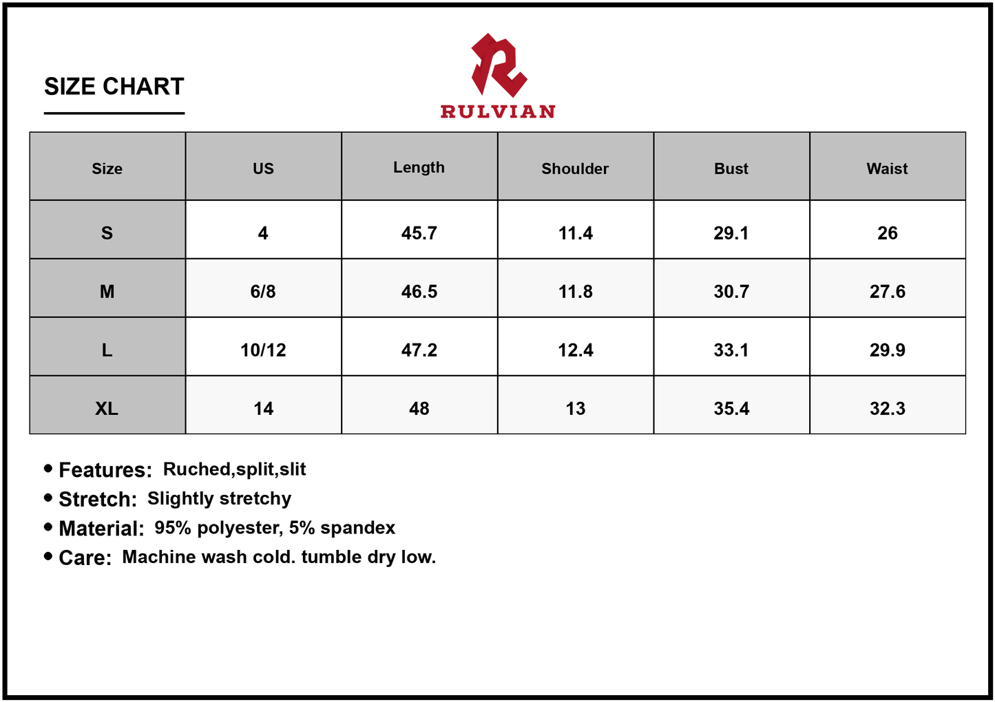 Size Chart - Women's Wrap Tank Midi Dress with Asymmetric Hem 95% polyester 5% spandex Ruched Body Split Slit Fashionable Everyday