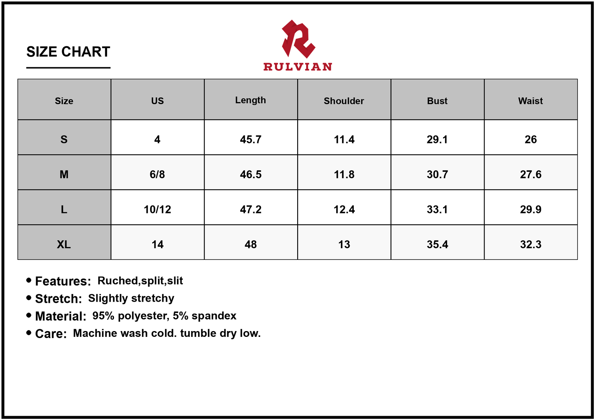 Size Chart - Women's Wrap Tank Midi Dress with Asymmetric Hem 95% polyester 5% spandex Ruched Body Split Slit Fashionable Everyday