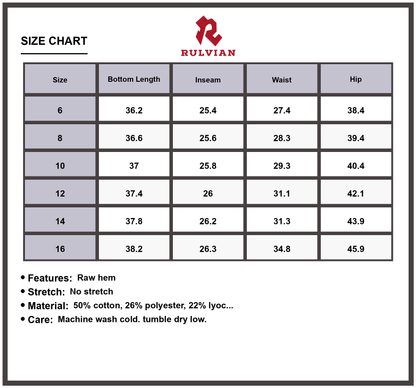 Size Chart - Women's High-Waisted Wide Leg Frayed Hem Jeans Premium Quality Durable Denim Pants for Casual Everyday Fashion Wear