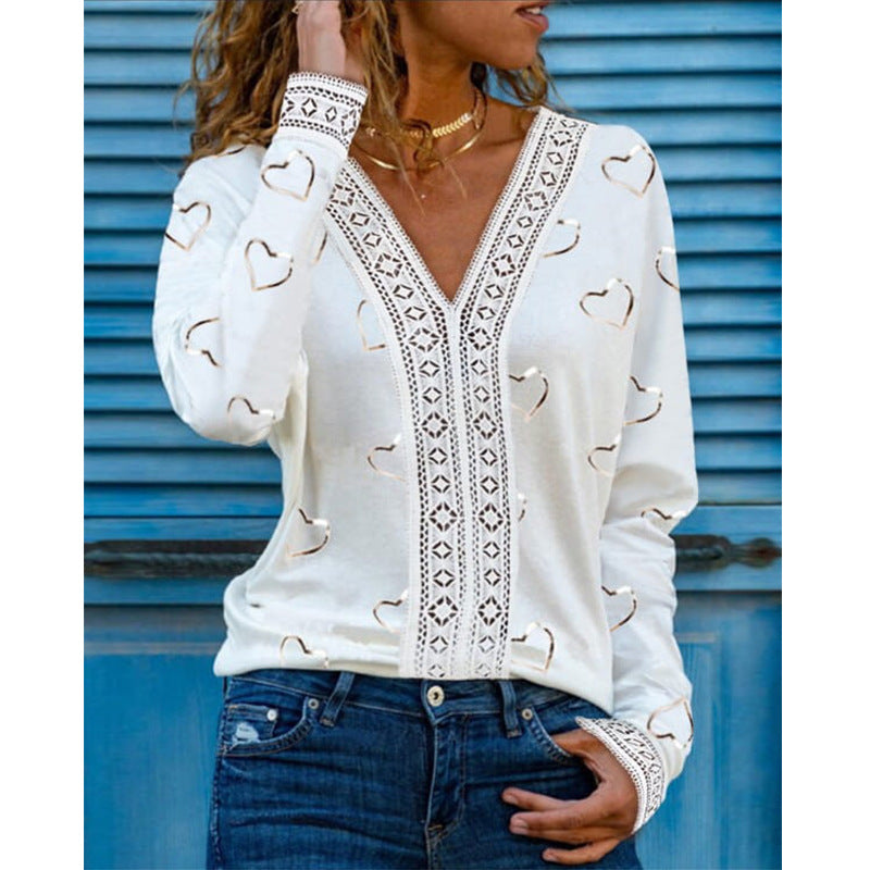 Women's V Neck Long Sleeve Top with Lace Trim and Soft Feel 60% Cotton 40% Polyester White Everyday Comfort
