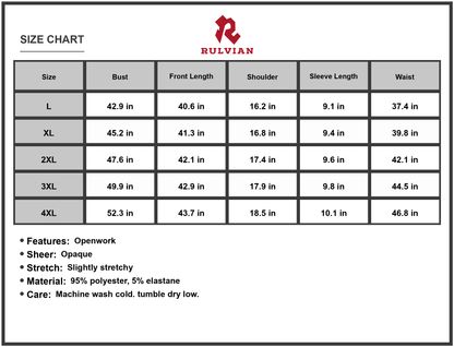 Size Chart - Women's Plus Size Round Neck Openwork Dress with Sheer Panels and Stretch Knit 95% Polyester 5% Elastane with comfort