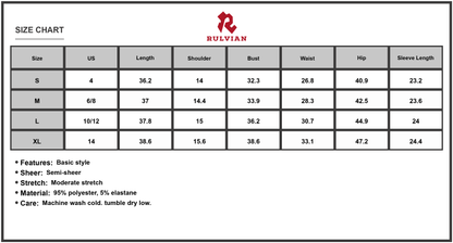 Size Chart - Women's square neck long sleeve mini dress with 95% polyester fabric and 5% elastane fabric for a semi sheer look
