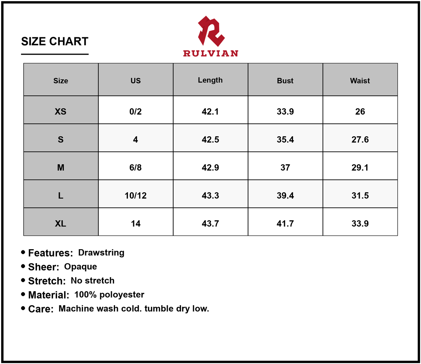Size Chart - Women's Side Drawstring Ruched Cowl Neck Mini Cami Dress 100% Polyester Lightweight Draping For Everyday Or Evening Wear