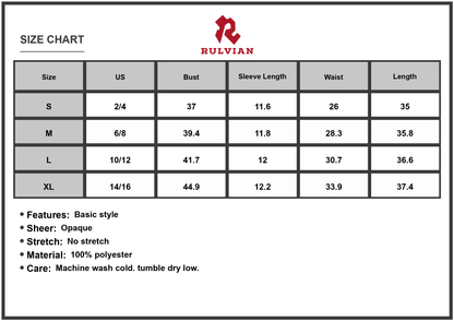 Size Chart - Women's Tiered Printed Short Sleeve Mini Dress 100% Polyester Lightweight Flowing Silhouette for Everyday Casual Wear