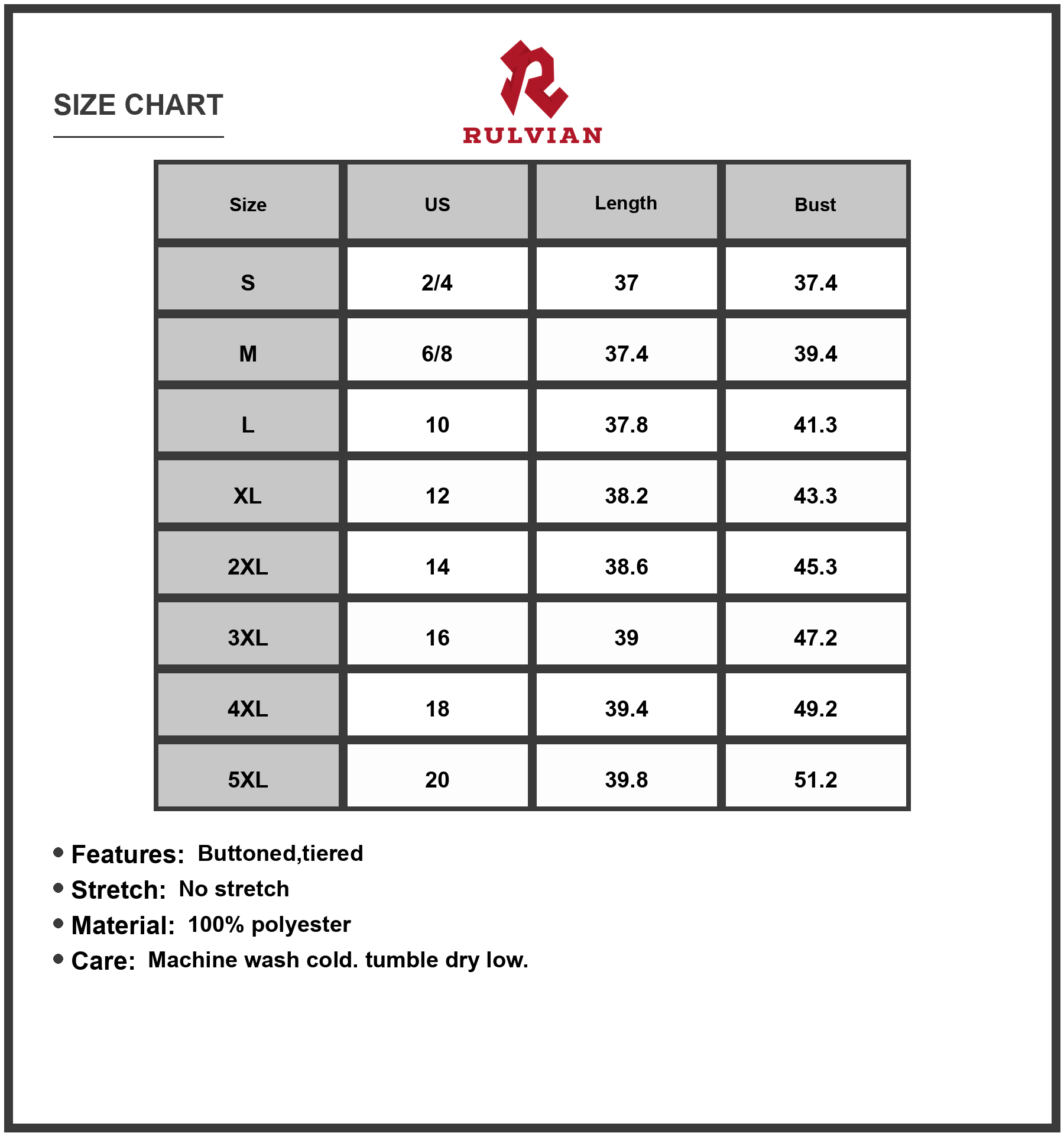 Size Chart - Women's Tiered Button Front Short Sleeve Dress in 100% Polyester with Flowy Tiered Silhouette Plus Size Full Length