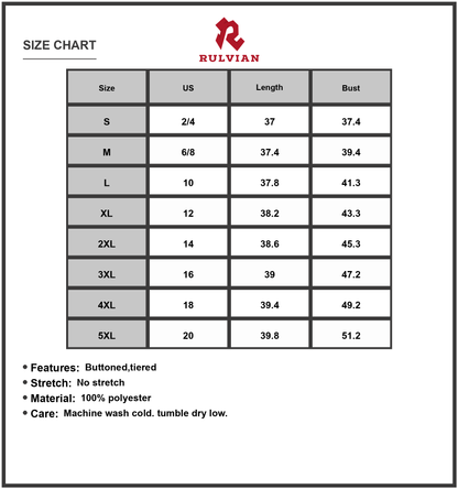 Size Chart - Women's Tiered Button Front Short Sleeve Dress in 100% Polyester with Flowy Tiered Silhouette Plus Size Full Length