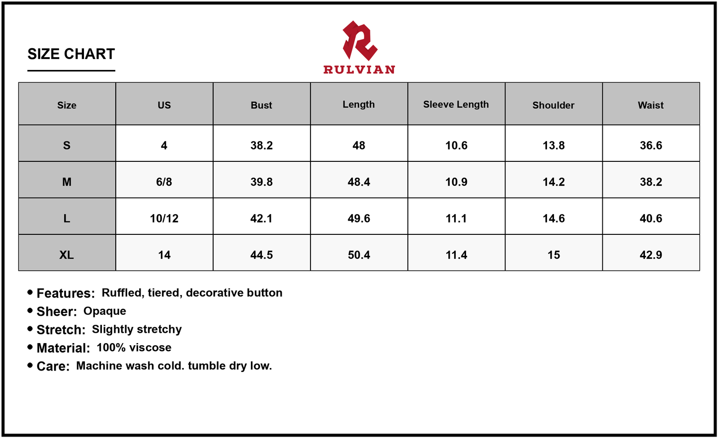 Size Chart - Women's Notched Short Sleeve Tiered Midi Dress with Ruffles and Decorative Buttons Opaque Stretch Viscose 100% Fabric