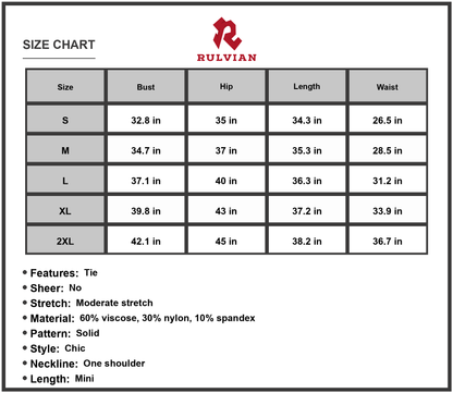 Size Chart - Women's Tie Front One Shoulder Mini Dress Solid Chic Tulip Hem 60% viscose 30% nylon 10% spandex for party wear