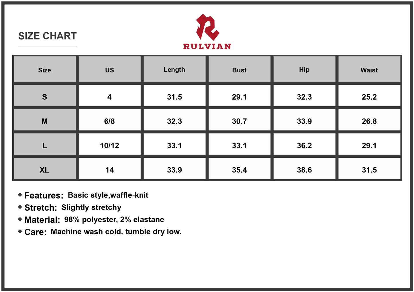 Size Chart - Women's Waffle Knit Sleeveless Mini Tank Dress with Stretch 98% Polyester 2% Elastane Lightweight Easy Care All Day