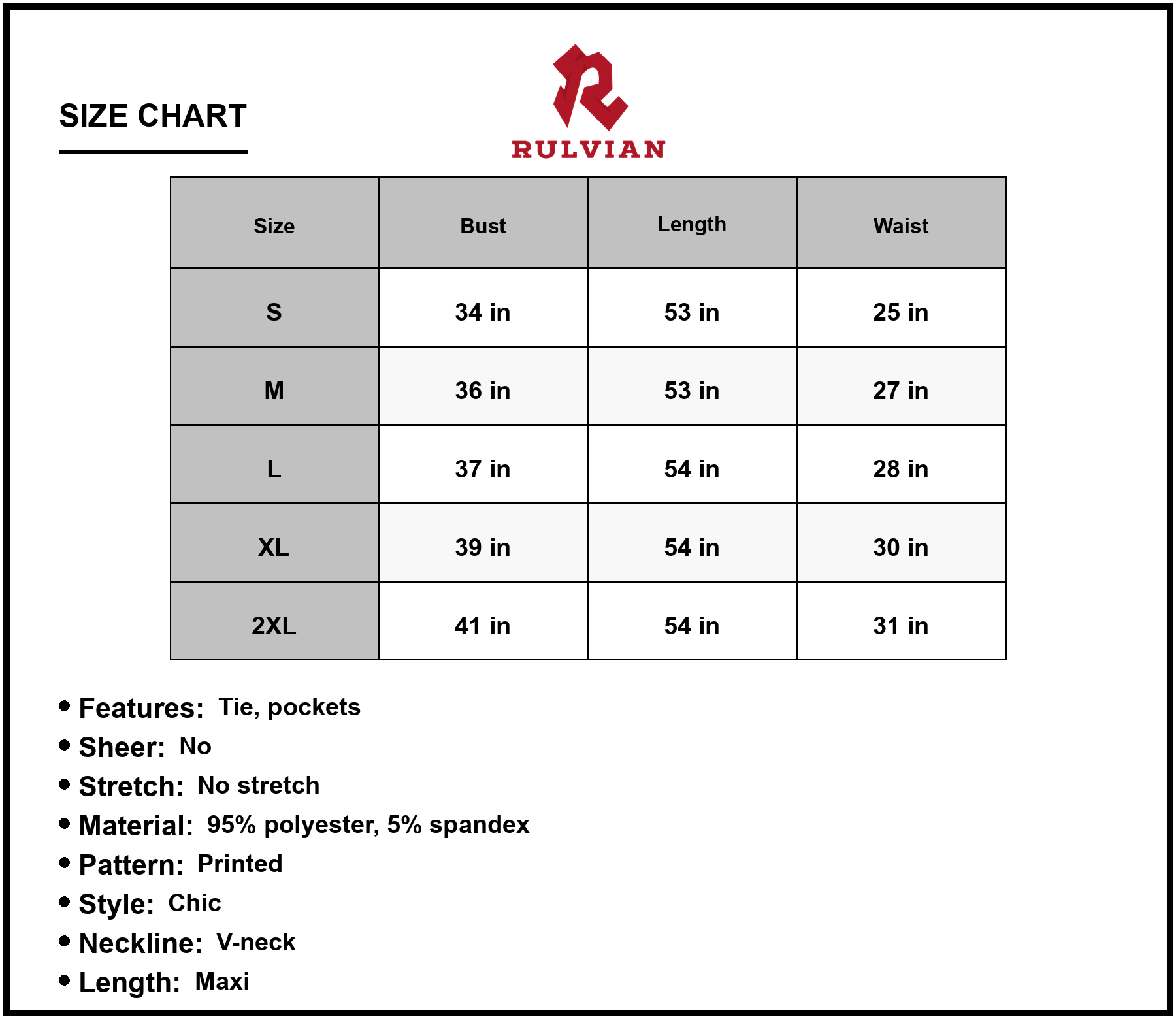 Size Chart - Women's Printed V Neck Tie Waist Maxi Dress Chic Sleeveless A Line Silhouette with Pockets for Everyday Elegant
