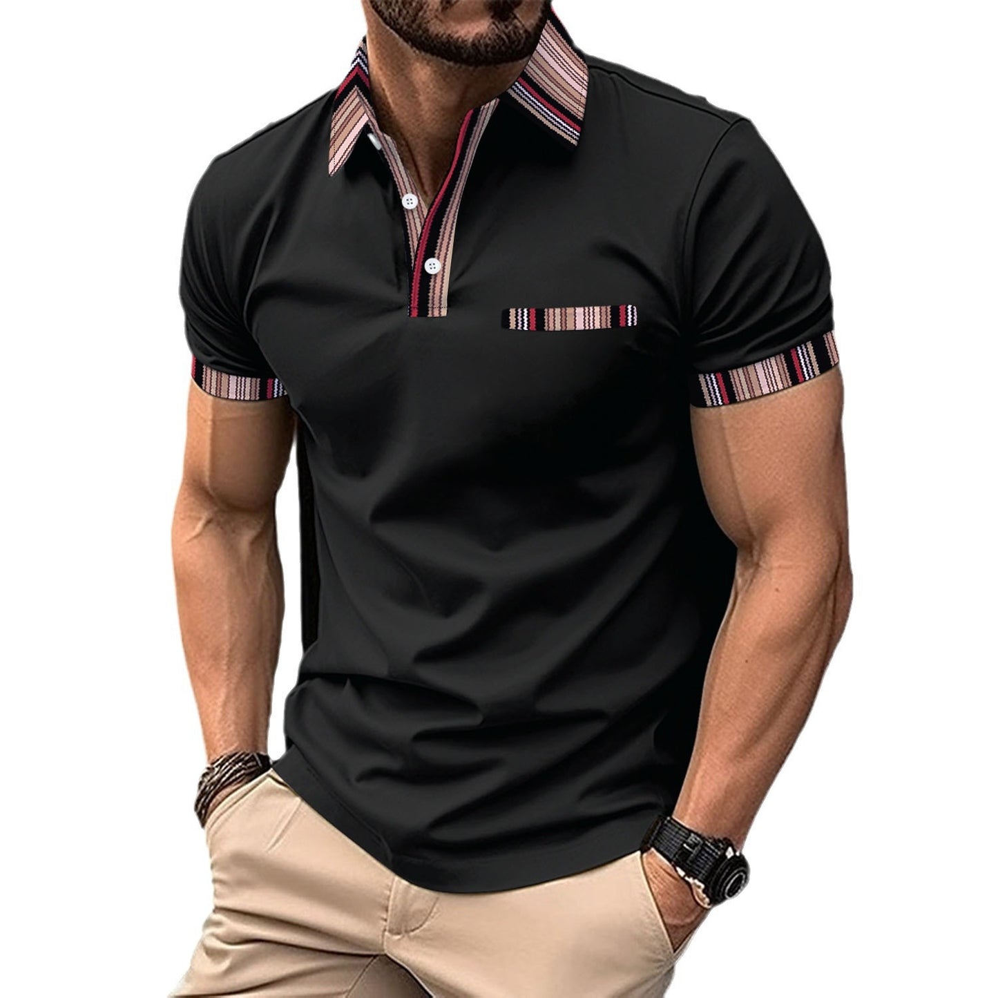 Men's Printed Collar Button Versatile Short Sleeve T Shirt Available In White Black Pink Khaki 100% Polyester