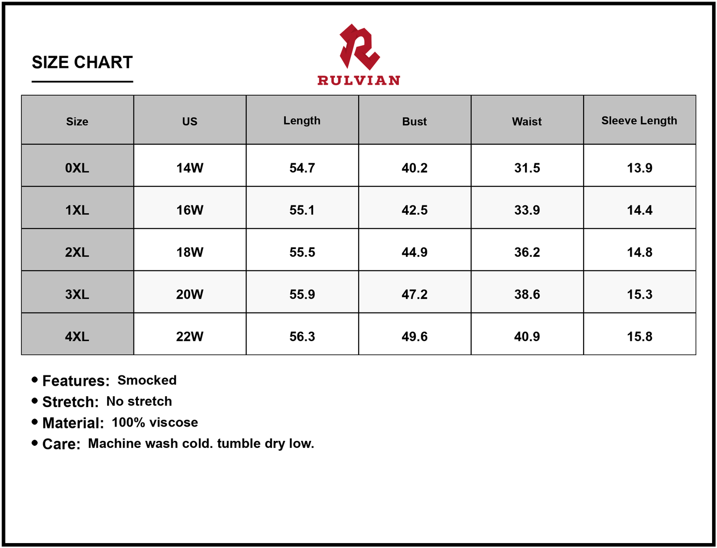 Size Chart - Women's Plus Size Smocked Printed Half Sleeve Midi Dress 100% viscose Fabric Breathable All Day Comfort And Style