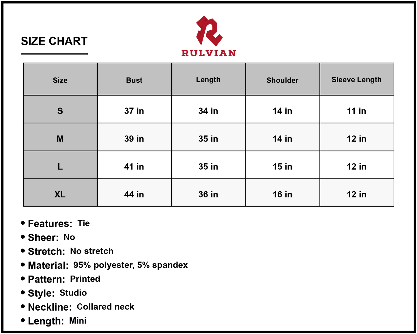 Size Chart - Women's Printed Tie Waist Collared Flounce Sleeve Dress Perfect for Everyday Casual Wear with 95% Polyester 5% Spandex