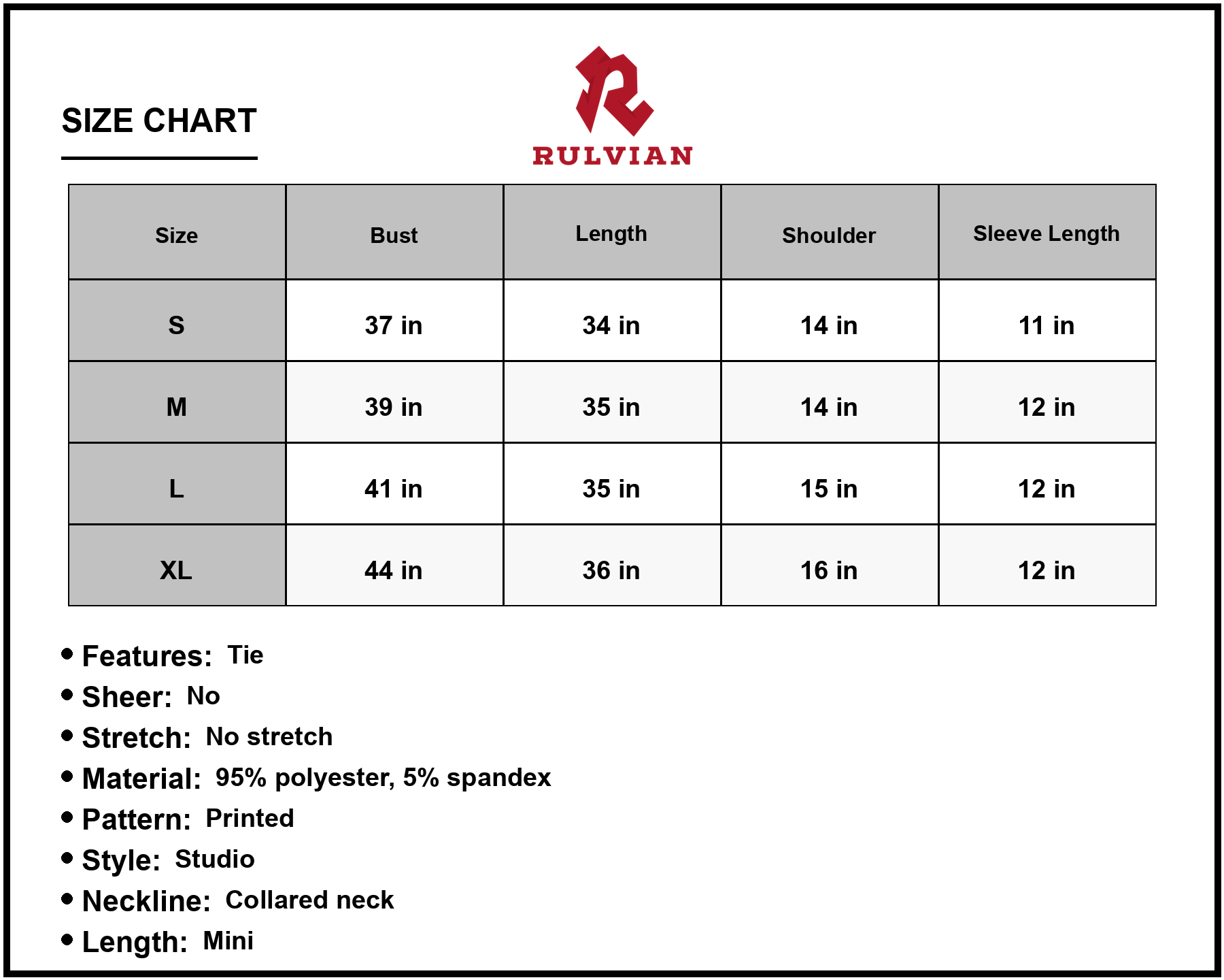 Size Chart - Women's Printed Tie Waist Collared Flounce Sleeve Dress Perfect for Everyday Casual Wear with 95% Polyester 5% Spandex