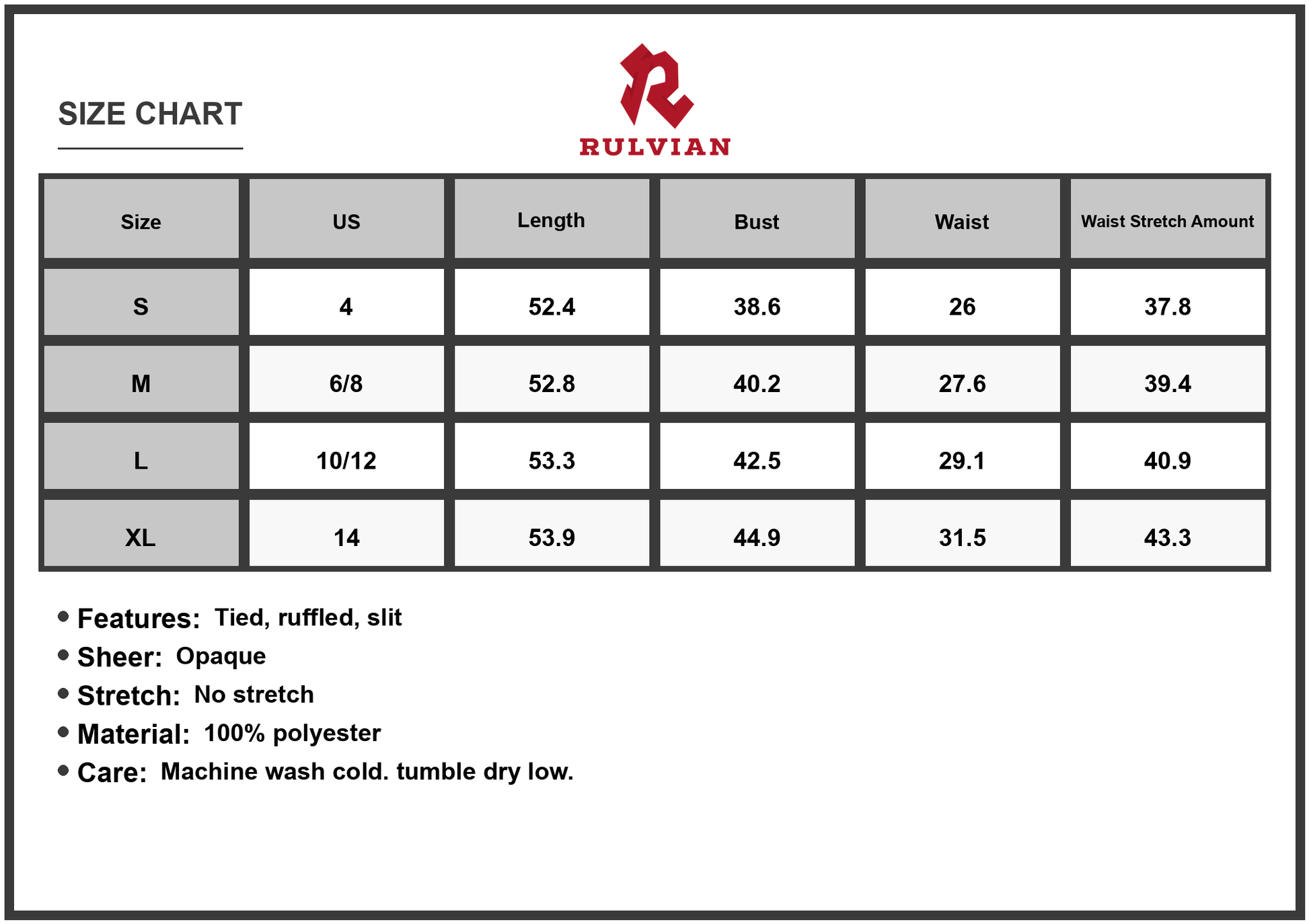 Size Chart - Womens Tied Front Ruffled Short Sleeve Midi Dress with Sheer Slit and Opaque Bodice 100% Polyester Fabric Type