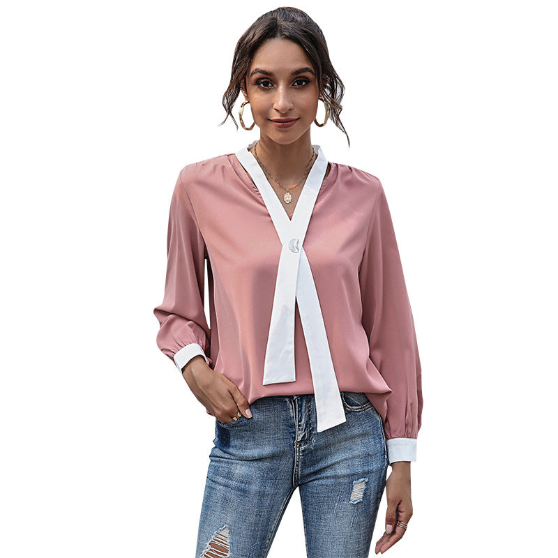Women's V Neck Casual Shirt Pink 100% Polyester Outer Fabric And 100% Polyester Lining For All Seasons