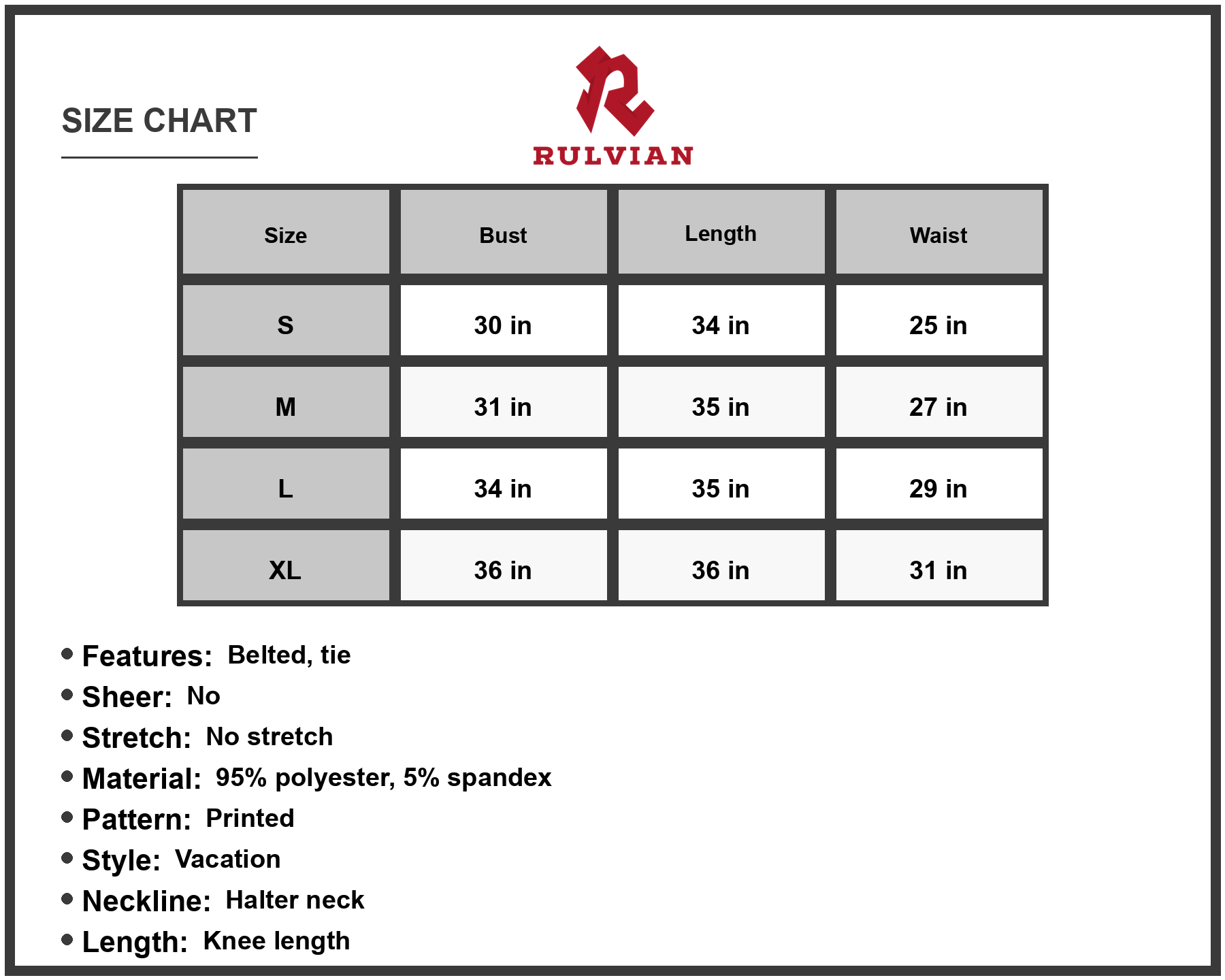 Size Chart - Womens Floral Halter Neck Dress Tie Waist Knee Sleeveless A Line Ninety Five Percent Polyester Five Percent Spandex