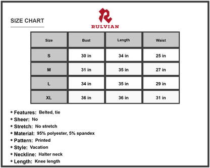 Size Chart - Womens Floral Halter Neck Dress Tie Waist Knee Sleeveless A Line Ninety Five Percent Polyester Five Percent Spandex