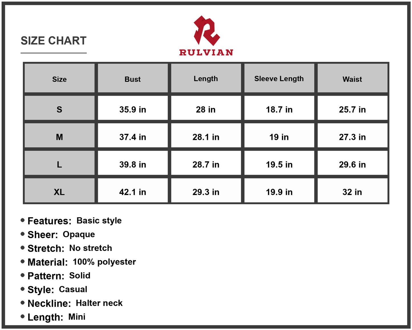 Size Chart - Women's Cold Shoulder Crisscross Mini Dress Halter Neck Casual Style in 100% Polyester Fabric for Casual and Partywear