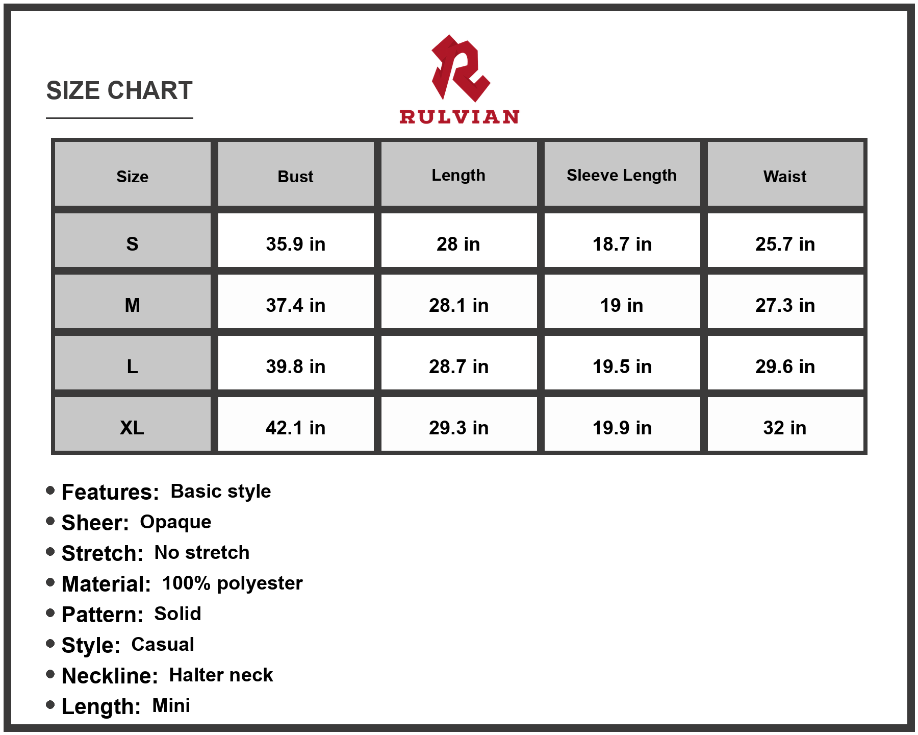 Size Chart - Women's Cold Shoulder Crisscross Mini Dress Halter Neck Casual Style in 100% Polyester Fabric for Casual and Partywear