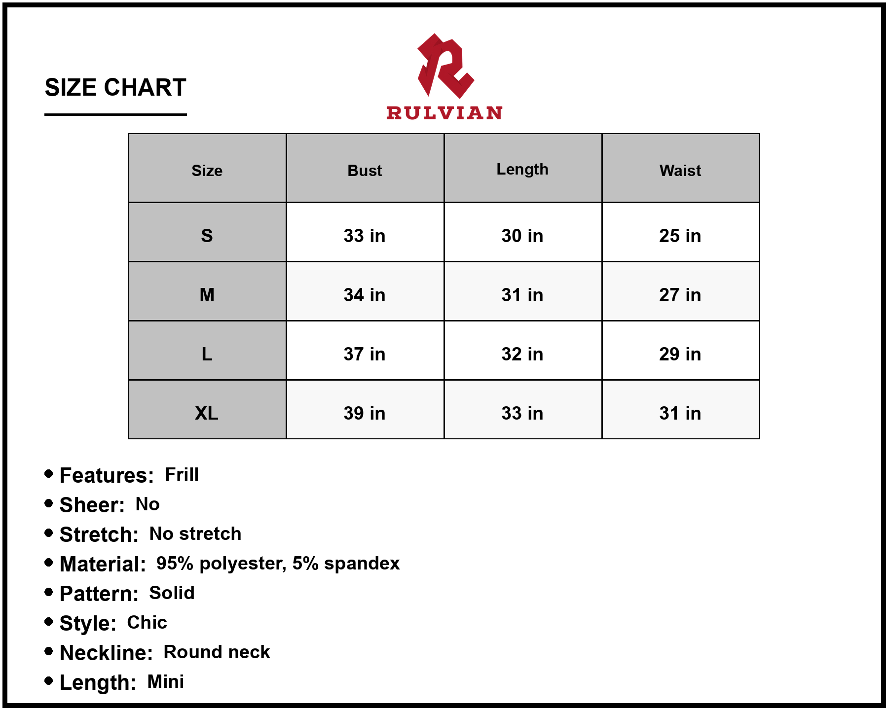 Size Chart - Women's Frill Trim Spaghetti Strap Mini Dress Round Neck Sleeveless A Line Short Dress 95% polyester 5% spandex Chic