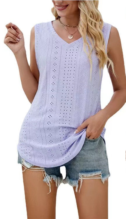 Women's V Neck Vest With Lace Hollow Out Sleeveless Top 60% Polyester Lace Overlay Lightweight Casual