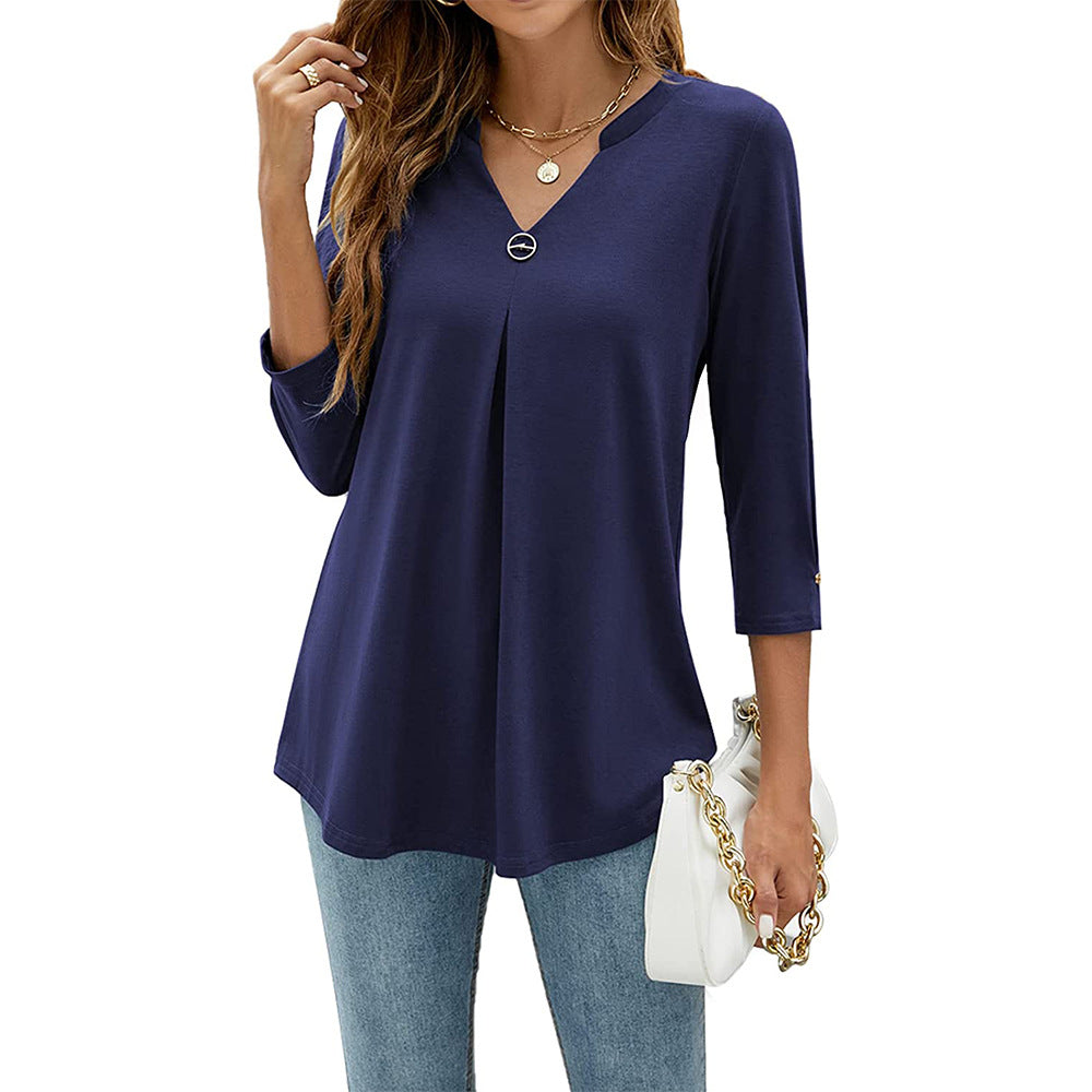 Women's V Neck Clinch Pleated T Shirt Top 100% Cotton Loose Fit Street Style Casual Easy Everyday Wear