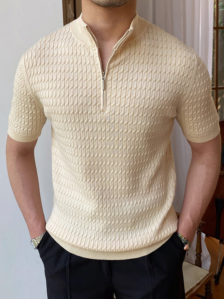 Men's Beige Stand Collar Knitwear Top Made With 100% Polyester Fabric For Daily Casual Wear And Comfort