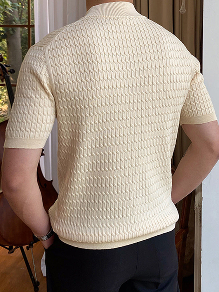 Men's Beige Stand Collar Knitwear Top Made With 100% Polyester Fabric For Daily Casual Wear And Comfort