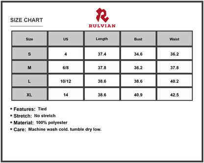 Size Chart - Women's Notched Short Sleeve Dress with Tie Waist 100% Polyester Fabric Easy Care and Comfortable Everyday Style
