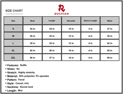 Size Chart - Women's Floral Round Neck Cold Shoulder Dress Casual Chic Mini Length with Ruffle Sleeves 95% Polyester 5% Spandex