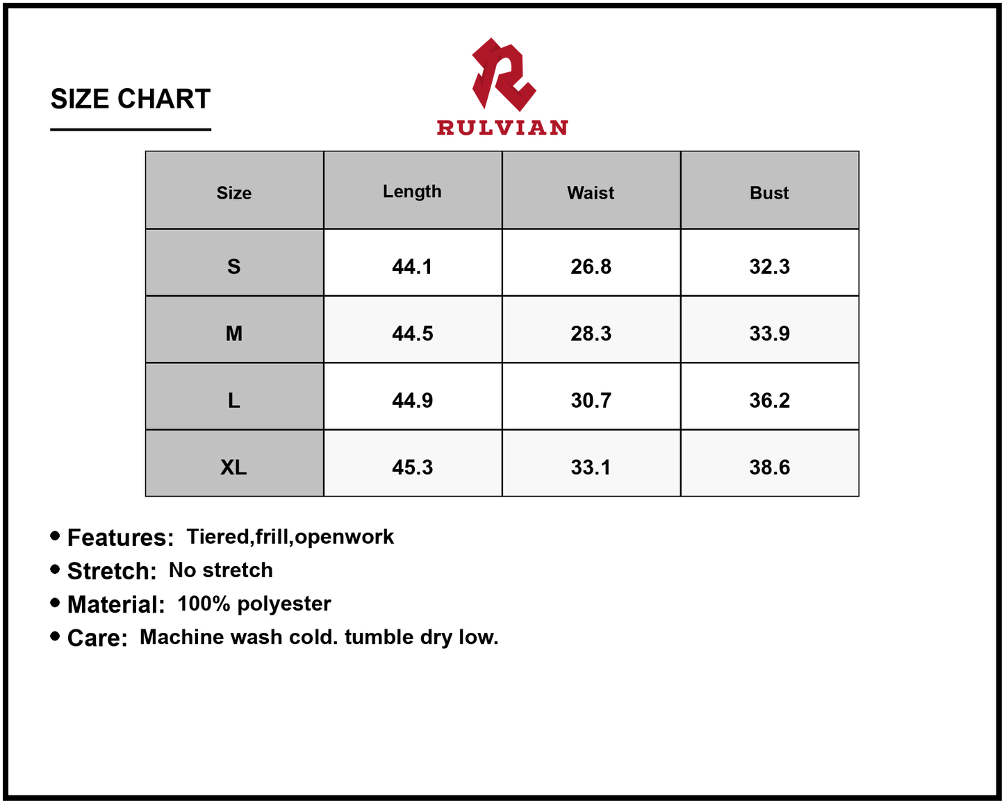 Size Chart - Women's Tiered Midi Dress with Lace Trim Details 100% Polyester Fabric for a Soft Elegant Everyday Look Casual to Dressy
